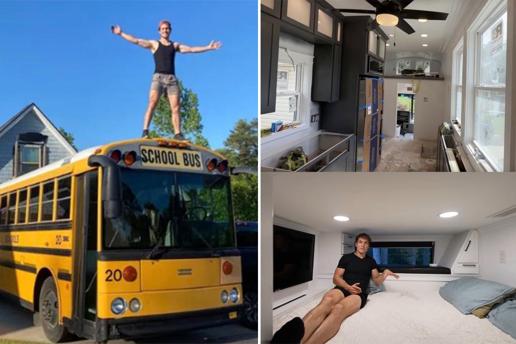 YouTuber Chay Denne, fed up with the rent, turns his school bus into a two-story house